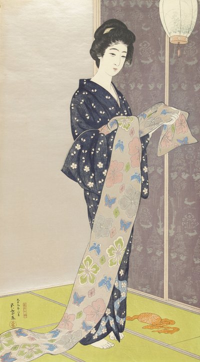 Jovem mulher em um quimono de verão, 1920 (cor xilogravura) de Goyo Hashiguchi