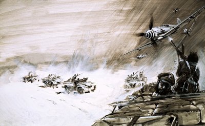 Um comboio de cinco camiões pesados que atravessam o mar de areia egípcio é atacado por um avião inimigo (guache sobre papel) de Graham Coton