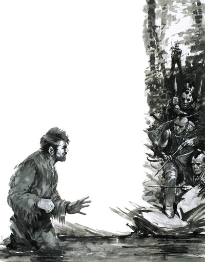 Alexander Mackenzie é ameaçado por índios enquanto atravessa um rio de Graham Coton