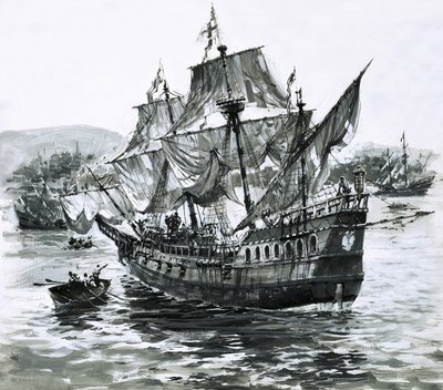 O navio de Drake, o Golden Hind, regressa a Portsmouth com imensas riquezas de Graham Coton