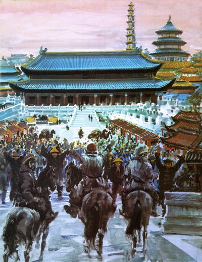 Marco Polo, com o pai e o tio, aproximando-se do palácio do Grande Khan, século XX (litografia) de Graham Coton