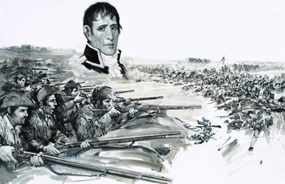 Retrato do General Andrew Jackson por cima da imagem da derrota britânica em Nova Orleães em 1815 de Graham Coton