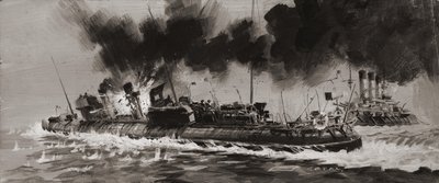 Combate naval não identificado da 1ª Guerra Mundial (guache sobre papel) de Graham Coton