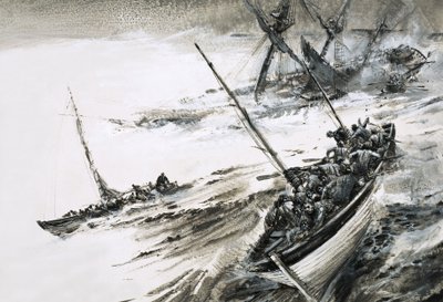 Naufrágio não identificado com botes salva-vidas a escaparem para mares tempestuosos de Graham Coton