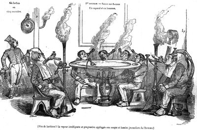Desenho animado de Grandville retratando um cabo e seus homens na Salle des Barbes sentados com uma máquina a vapor raspando-os sem a ajuda de um barbeiro. Em "A pitoresca loja" 1835 de Grandville
