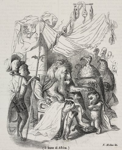 Leão da África, personagem da história do Leão africano e três leões jovens nativos, litografia de Filippo Molino (1804-1856) após desenho de Jean-Jacques Grandville (1803-1847), de Grandville