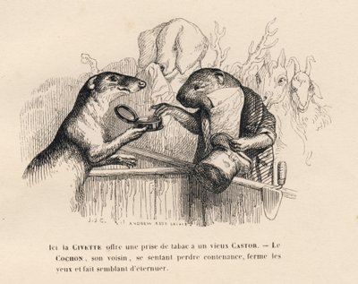 Um civet oferece uma ficha de tabaco a um velho castor, o porco atrás dele tenta se conter. Vinhetas ilustradas por JJ Granville. Gravura assinada por Andrew Best e Leloir no prólogo intitulado "Resumo Parlamentar" escrito por PJ Stahl em "Cenas de Grandville