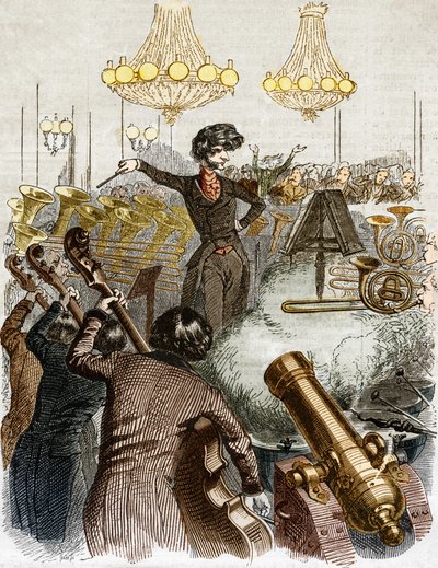 Um concerto tem uma metralhadora. Desenho animado de Hector Berlioz a dirigir uma orquestra. Em "Jerome Paturot em busca de uma posição social" ilustrado por Grandville. de Grandville