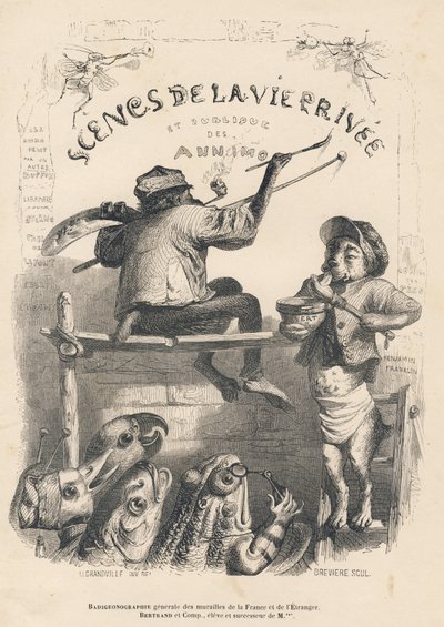 Badigeonografia geral das paredes da França e do estrangeiro. Vinhetas ilustradas por JJ Granville. Gravura assinada Breviere no prólogo intitulado "Resume parlementaire" escrito por PJ Stahl em "Scenes de la vie privee et publique des animaux". de Grandville