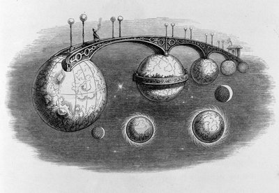 Ponte que liga vários planetas uns aos outros - gravura de Grandville de Grandville