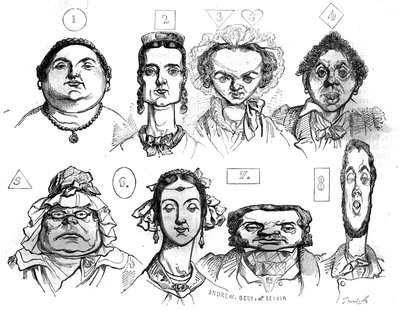 Desenhos animados ilustrando as diferentes formas de rosto, expressões, associando-as com características morais distintas por Jean Ignace Isidore Gerard Grandville (1803 -1847). Em "A pitoresca loja" 1835 de Grandville