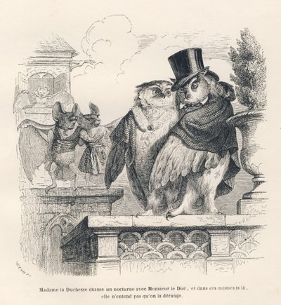 Um morcego a ouvir uma coruja e uma coruja a cantar. Vinhetas ilustradas por JJ Granville. Gravura assinada Breviere na parte intitulada "Souvenirs d