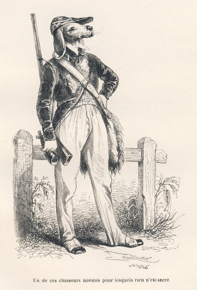 Cão com roupas de caça. Vinhetas ilustradas por JJ Granville. Gravura assinada Caque na parte intitulada "Souvenirs d