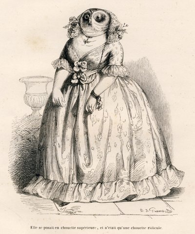 Coruja que pensava que era superior, mas é apenas ridículo. Vinhetas ilustradas por JJ Granville. Gravura Rouget assinada na parte intitulada "Souvenirs d