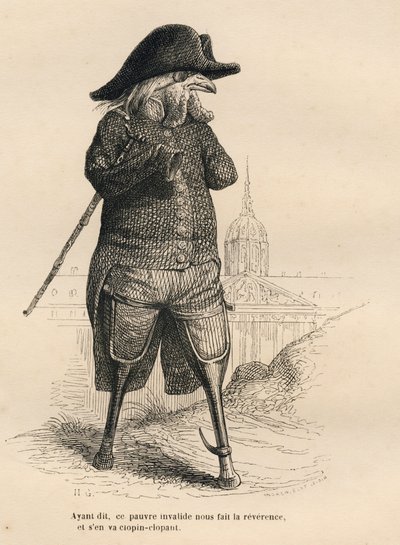 Galo inválido em frente ao hotel dos inválidos em Paris. Vinhetas ilustradas por JJ Granville. Gravura assinada por Andrew, Best e Leloir na parte intitulada "Les animaux medecins", escrita por Pierre Bernard em "Scenes de la vie privee et publique des ani de Grandville
