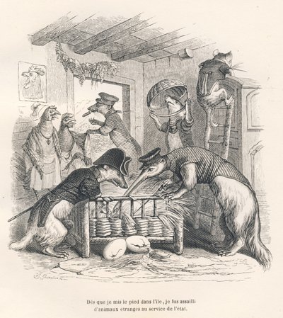 Assim que pus os pés na ilha, fui assaltado por animais estranhos ao serviço do estado. Vinhetas ilustradas por JJ Granville. Gravura assinada Porret na parte intitulada "Voyage d