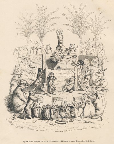 Discurso político do leão numa galeria rodeado por todos os outros animais. Vinhetas ilustradas por JJ Granville. Gravura assinada por Godard no prólogo intitulado "Resume parlementaire" escrito por PJ Stahl em "Scenes de la vie privee et publique des an de Grandville