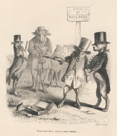 Duelo no Bois de Boulogne. Vinhetas ilustradas por JJ Granville. Gravura assinada Breviere na parte "Histoire d