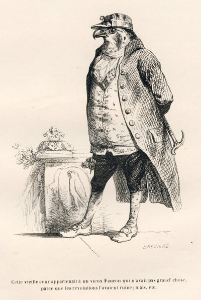 Falcão arruinado pelas revoluções. Vinhetas ilustradas por JJ Granville. Gravura assinada Breviere na parte intitulada "Souvenirs d