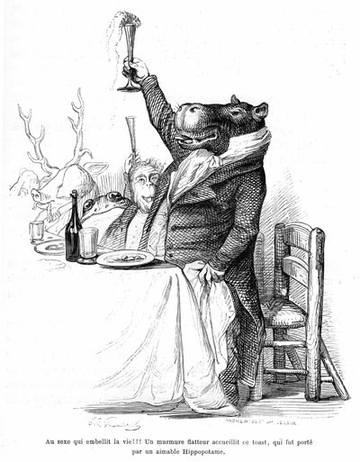 Gravura de Grandville, do livro A vida privada e pública dos animais (Les animaux ints par eux memes), edição Hetzel 1867 - Hipotamo mundano à mesa de um banquete, levantando o copo e fazendo um brinde. Legenda: Sexo que embeleza a vida! de Grandville (1803-47)