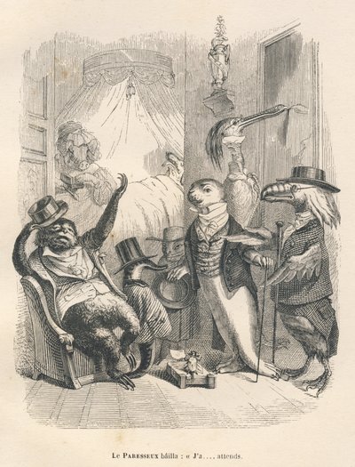 O preguiçoso bocejou que ele estava à espera. Vinhetas ilustradas por JJ Granville. Gravura assinada Godard na parte intitulada "Les animaux medecins" escrita por Pierre Bernard em "Scenes de la vie privee et publique des animaux". Paris, J. Hetzel e Pauli de Grandville
