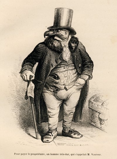 O abutre na propriedade imobiliária. Vinhetas ilustradas por JJ Granville. Gravura assinada por Andrew, Best e Leloir na parte "Histoire d