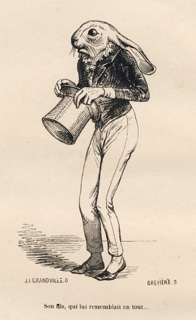 Lebre medrosa em trajes de dança. Vinhetas ilustradas por JJ Granville. Gravura assinada Breviere na parte "Histoire d