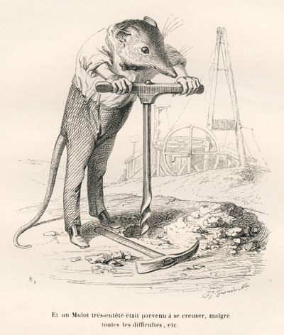Mulot perfurando o solo. Vinhetas ilustradas por JJ Granville. Gravura assinada Breviere na parte intitulada "Souvenirs d