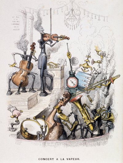 Músicos transformados em máquinas e dando um "Concerto à la steam" - em "Un autre monde" de Grandville, final do século XIX. de Grandville