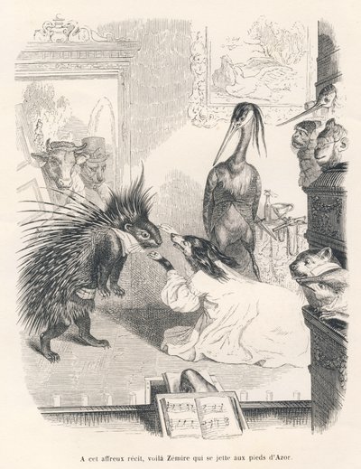Ópera com um porco-espinho, um cão e uma garça no palco. Vinhetas ilustradas por JJ Granville. Gravura assinada Godard na parte intitulada "Le premier feuilleton de Pistolet" escrita por Jules Janin em "Scenes de la vie privee et publique des animaux". de Grandville