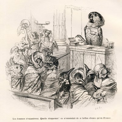 Papagaio eloquente. Vinhetas ilustradas por JJ Granville. Gravura assinada Porret na parte intitulada "Guide-ane a l