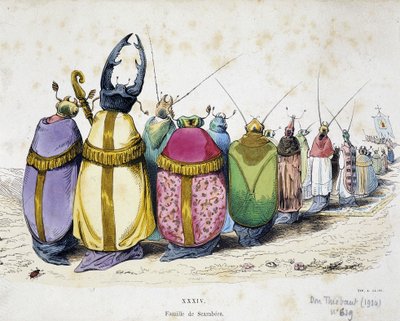 Procissão de escaravelhos vestindo roupas de escritório - Anticlerical Cartoon of Granville de "The Metamorphoses of the Day" 1829 de Grandville