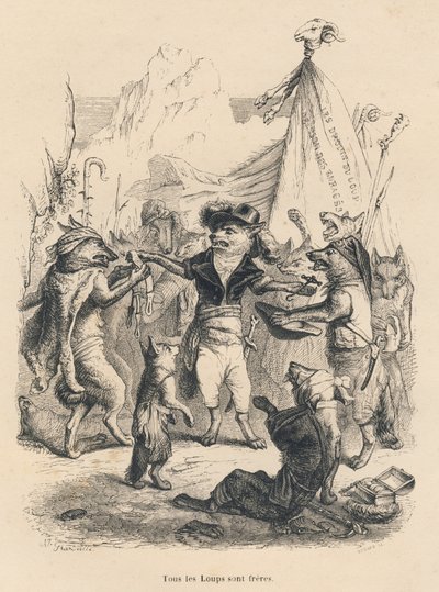 Revolução dos lobos e liberdade e direito do lobo. Vinhetas ilustradas por JJ Granville. Gravura assinada Godard na parte intitulada "Voyage d