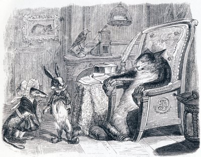 O gato, a doninha e o coelhinho (Le chat, la belette et le petit lapin) - Fábulas de La Fontaine de Grandville
