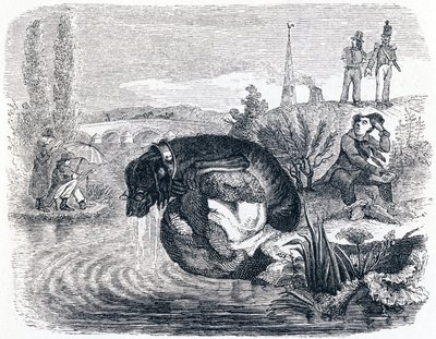 O cão que abandona a sua presa pela sombra (le chien qui abandonne sa proie pour son ombre) - Fábulas de La Fontaine de Grandville