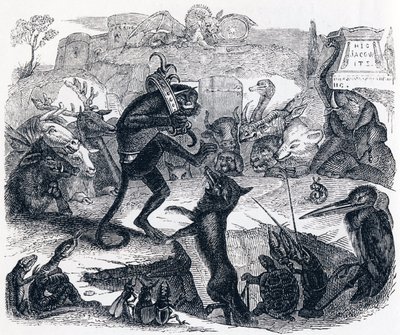 A raposa, o burro e os animais (Le renard, le singe et les animaux) - Fábulas de La Fontaine de Grandville