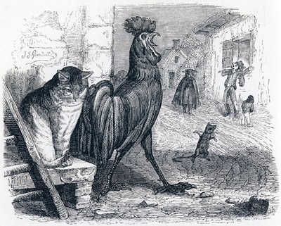 The gilt, the cat and the mouse (Le cochet, le chat et le souriceau) - Fábulas de La Fontaine de Grandville