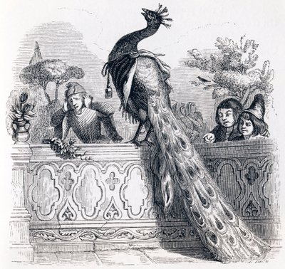 O pavão reclamando a Junon (Le paon se plaignant a Junon) - Fábulas de La Fontaine de Grandville