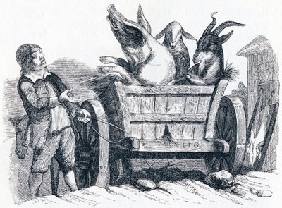 O porco, o bode e as ovelhas (le cochon, la chèvre et le mouton) - Fábulas de La Fontaine de Grandville