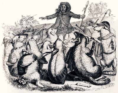 O shepard e seu rebanho (Le berger et son troupeau) - Fábulas de La Fontaine de Grandville