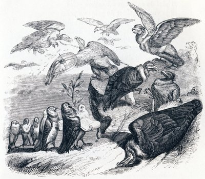Os abutres e os pombos - Fábulas de La Fontaine de Grandville