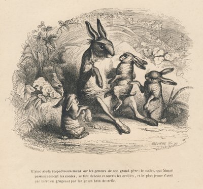 Três crianças coelhos a ouvir o seu avô ferido a contar histórias. Vinhetas ilustradas por JJ Granville. Gravura assinada Breviere na parte "Histoire d