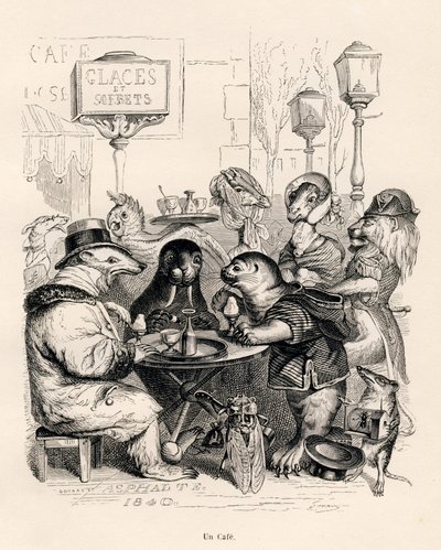 Um café frequentado por animais de todos os tipos. Vinhetas ilustradas por JJ Granville. Gravura assinada Godard na parte intitulada "Voyage d