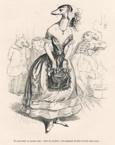 ... fora do teatro, estes animais são ainda mais feios. Vinhetas ilustradas por JJ Granville. Gravura assinada Godard na parte intitulada "Le premier feuilleton de Pistolet" escrita por Jules Janin em "Scenes de la vie privee et publique des animaux de Grandville