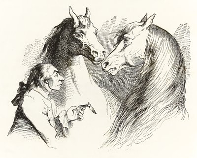 Gulliver conversa com cavalos falantes em Houyhnhnms Land de Gullivers Travels por Jonathan Swift de Grandville