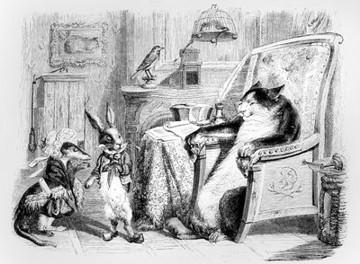 O gato, a doninha e o coelhinho, ilustração para &39;fábulas&39; de La Fontaine (1621-95), publicado por H. Fournier Aine, 1838 de Grandville