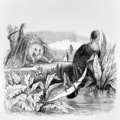 A pomba e a formiga e o leão e o rato, ilustração para &39;fábulas&39; de La Fontaine, publicado por H. Fournier Aine, 1838 de Grandville