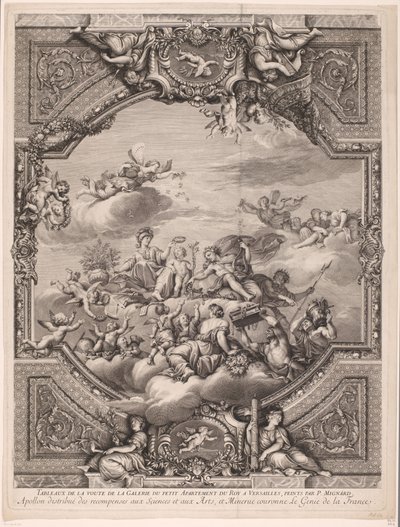 Apollo distribui recompensas e Minerva coroa o génio da França
Apollon distirbuë des recompenses aux Sçiences et aux Arts, et Minerve couronne le Genie de la France (título sobre o objecto)
Quadros de tecto no Palácio de Versalhes (título da série) de Gérard Audran