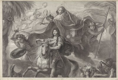 Retrato equestre alegórico de Luís XIV, rei da França de Gérard Edelinck