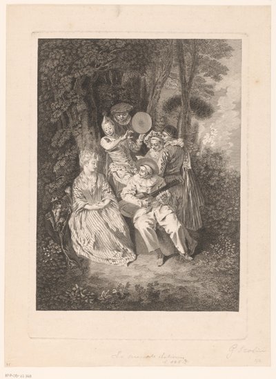 Paisagem do parque com figuras de teatro que fazem serenata para uma senhora La Serenade Italienne (título no objeto) Impressões após Antoine Watteau (título da série) L